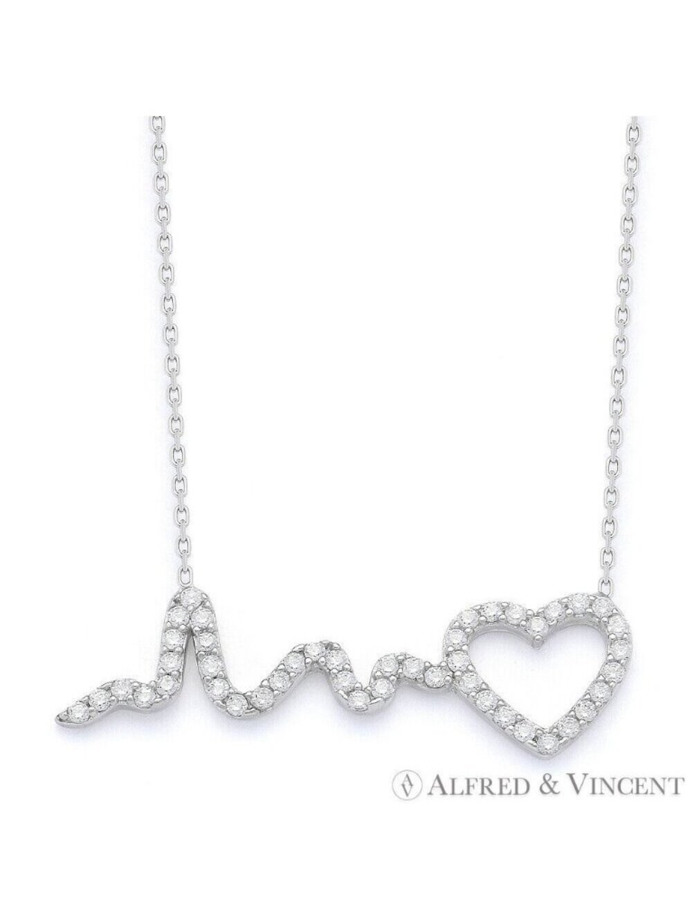 Heartbeat Lifeline & Heart Charm CZ Pendant in .925 Sterling Silver w/ Rhodium